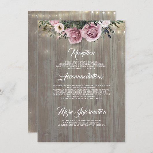 Dusty Pink Rose Rustiek Land Bruiloft Details Informatiekaartje (Voorkant / Achterkant)