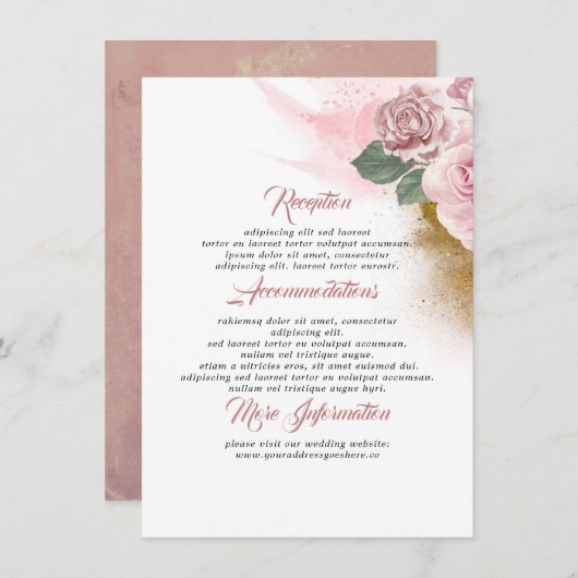 Dusty Pink Rose Trouwinformatie Gast Informatiekaartje (Voorkant / Achterkant)