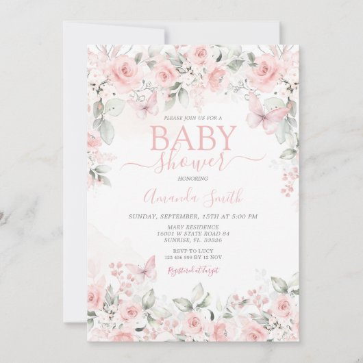 Dusty Pink Roses Baby shower uitnodiging (Voorkant)