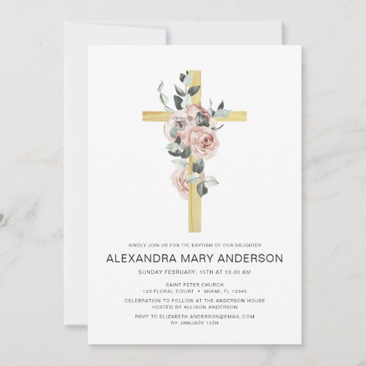 Dusty Pink Roses Cross Bloemen Doop Uitnodiging (Voorkant)