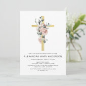 Dusty Pink Roses Cross Bloemen Doop Uitnodiging (Staand voorkant)