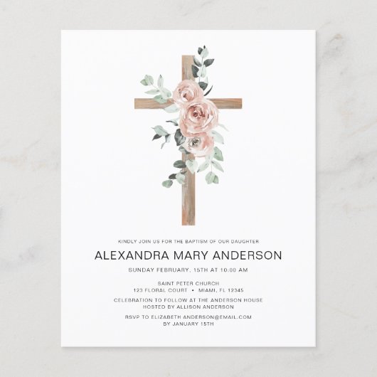 Dusty Pink Roses Cross Bloemen Doop Uitnodiging (Voorkant)