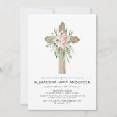 Dusty Pink Roses Cross Bloemen Doop Uitnodiging (Voorkant)