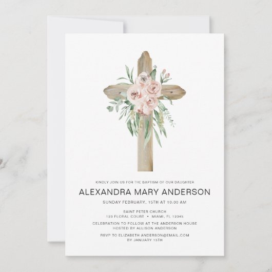 Dusty Pink Roses Cross Bloemen Doop Uitnodiging (Voorkant)