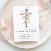 Dusty Pink Roses Cross Bloemen Doop Uitnodiging