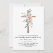 Dusty Pink Roses Cross Bloemen Doop Uitnodiging (Voorkant)