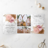 Dusty Pink Roses Earthy Floral Marble Wedding Drieluik Uitnodiging (Binnen)