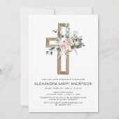 Dusty Pink Roses Goud Cross Bloemen Doop Kaart (Voorkant)