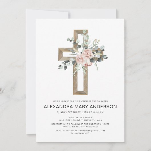 Dusty Pink Roses Goud Cross Bloemen Doop Kaart (Voorkant)