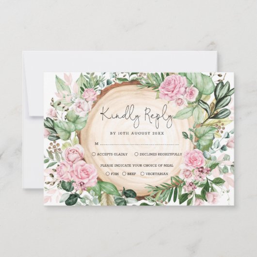 Dusty Pink Roses Greenery Forest Wedding RSVP Kaar Kaart (Voorkant)