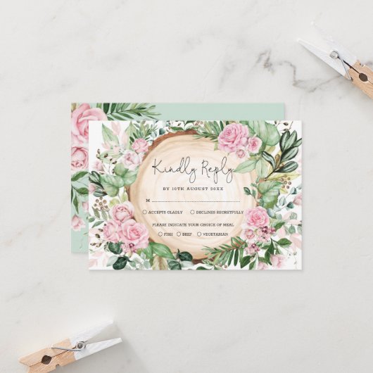 Dusty Pink Roses Greenery Forest Wedding RSVP Kaar Kaart (Voorkant / Achterkant in situ)