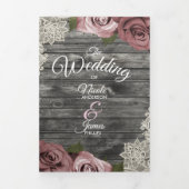 Dusty Pink Roses & Lace Rustic Gray Wood Weddensch Drieluik Uitnodiging (Cover)