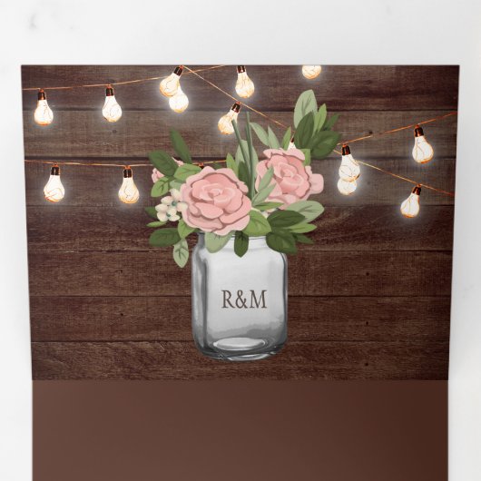 Dusty Pink Roses Mason Jar String Lights Wedding Drieluik Uitnodiging (Binnenzijde eerst)