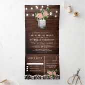 Dusty Pink Roses Mason Jar String Lights Wedding Drieluik Uitnodiging (Binnen)