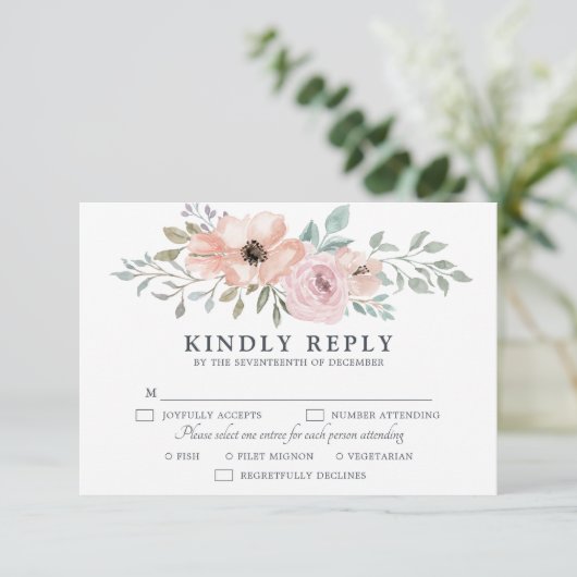Dusty Pink Roses Midsummer Bloemen Bloemen RSVP Kaartje (Staand voorkant)