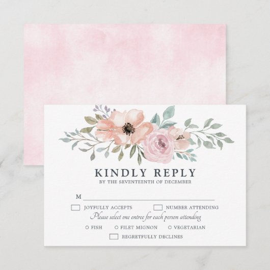 Dusty Pink Roses Midsummer Bloemen Bloemen RSVP Kaartje (Voorkant / Achterkant)