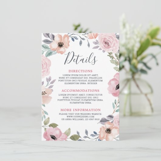 Dusty Pink Roses Midsummer Bloemen Trouwdetails Informatiekaartje (Staand voorkant)