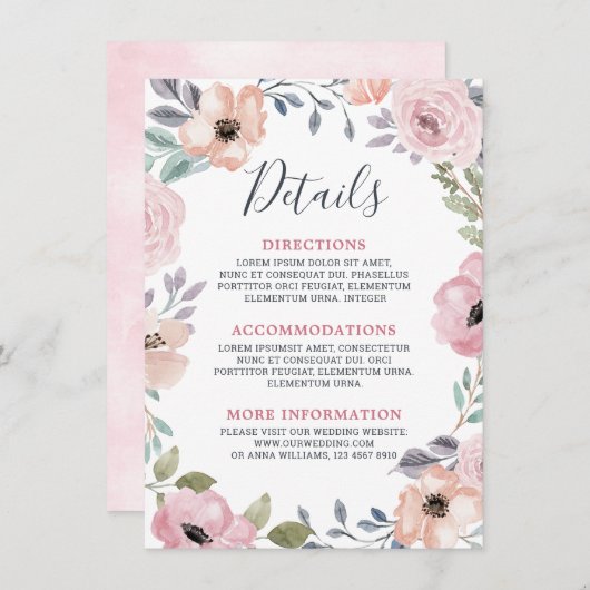 Dusty Pink Roses Midsummer Bloemen Trouwdetails Informatiekaartje (Voorkant / Achterkant)