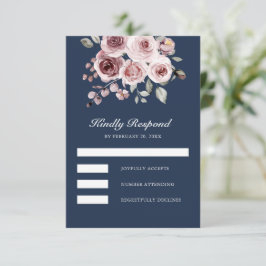 Dusty Pink Roses Navy Blue Wedding RSVP Kaartje