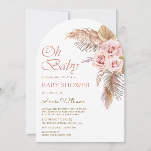 Dusty Pink Roses Pampas Grass Arch Baby shower Kaart (Voorkant)
