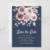 Dusty Pink Roses Photo QR Code Navy Blue Wedding Save The Date (Voorkant)