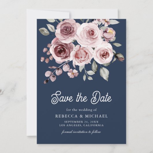 Dusty Pink Roses Photo QR Code Navy Blue Wedding Save The Date (Voorkant)