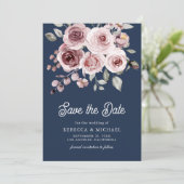 Dusty Pink Roses Photo QR Code Navy Blue Wedding Save The Date (Staand voorkant)