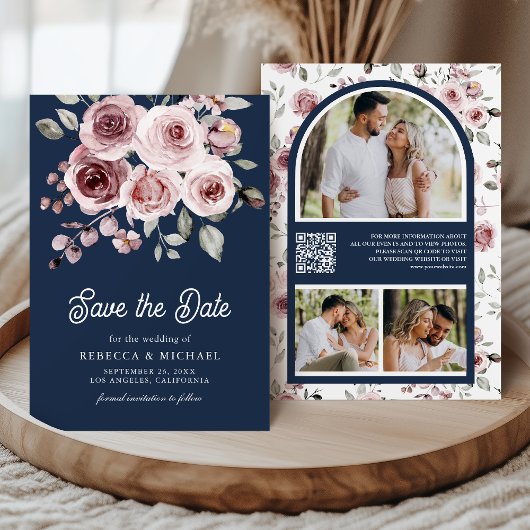 Dusty Pink Roses Photo QR Code Navy Blue Wedding Save The Date