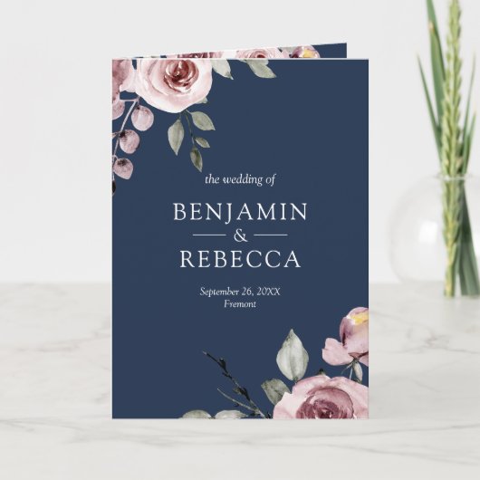 Dusty Pink Roses QR Code Navy Blue Wedding (Voorkant)