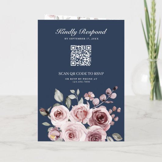 Dusty Pink Roses QR Code Navy Blue Wedding (Achterkant)