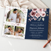 Dusty Pink Roses QR Code Navy Blue Wedding