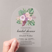 Dusty Pink Roses Tropical Monstera Bridal Shower Acryl Uitnodigingen (Insitu (Draagbaar))