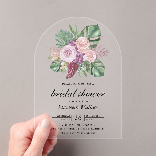 Dusty Pink Roses Tropical Monstera Bridal Shower Acryl Uitnodigingen (Insitu (Draagbaar))