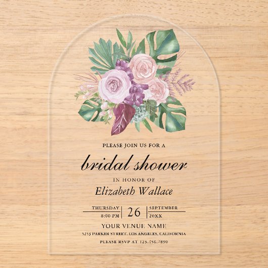 Dusty Pink Roses Tropical Monstera Bridal Shower Acryl Uitnodigingen (Voorkant)
