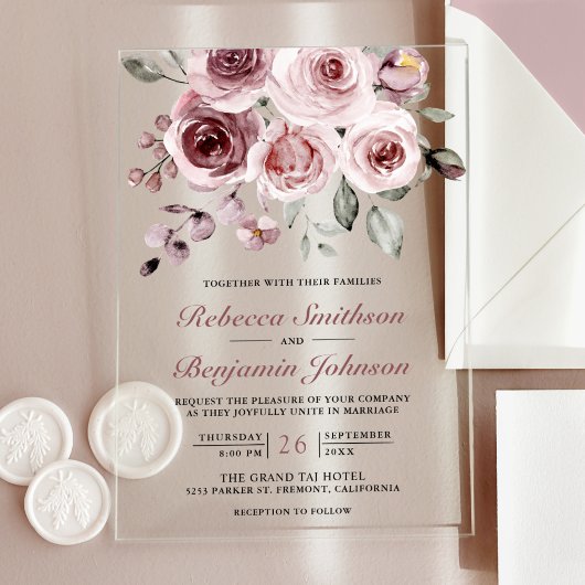 Dusty Pink Roses Wedding Acryl Uitnodigingen