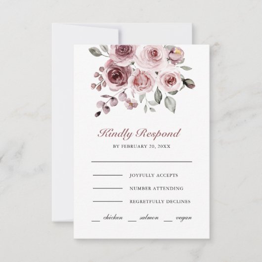 Dusty Pink Roses Wedding RSVP Kaartje (Voorkant)