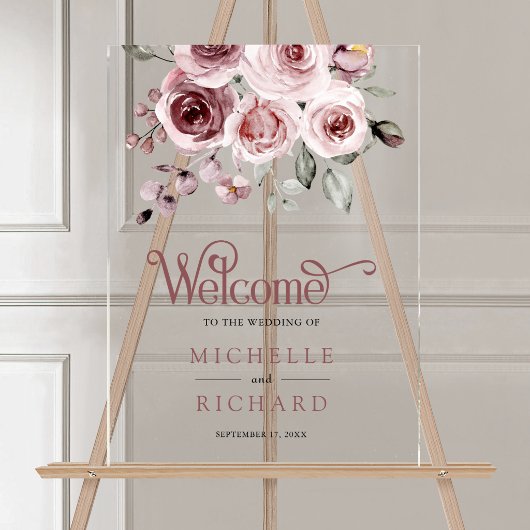 Dusty Pink Roses Wedding Welcome Acryl Bord