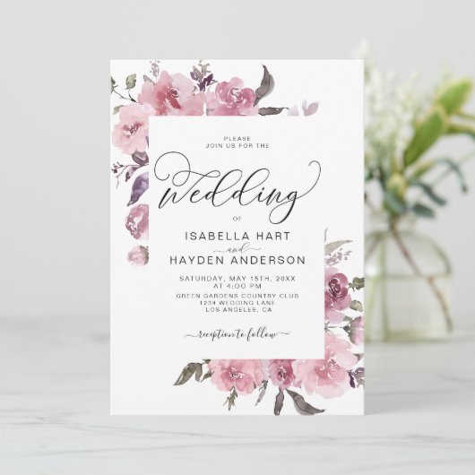 Dusty Pink Roze Blush Waterverf Floral Wedding Kaart (Staand voorkant)
