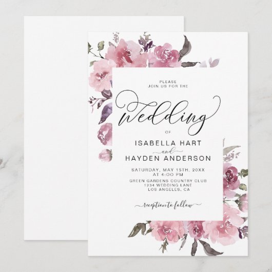 Dusty Pink Roze Blush Waterverf Floral Wedding Kaart (Voorkant / Achterkant)