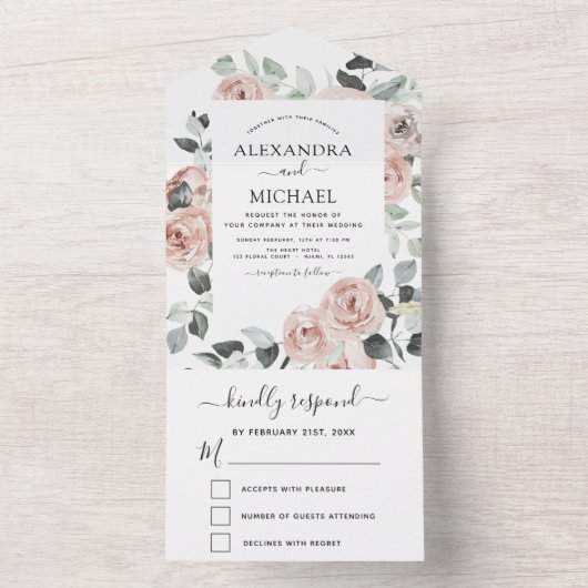 Dusty Pink - Sage Green Floral Wedding Invitation All In One Uitnodiging (Binnen)