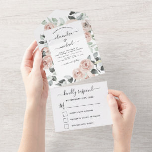 Dusty Pink - Sage Green Floral Wedding RSVP All In One Uitnodiging
