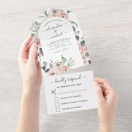 Dusty Pink - Sage Green Floral Wedding RSVP All In One Uitnodiging (Afscheurbaar)