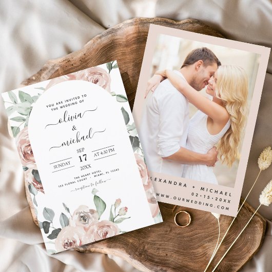 Dusty Pink Sage Green Foto Floral Wedding Kaart