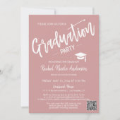 Dusty Pink Script QR Code Foto Graduparty Kaart (Voorkant)