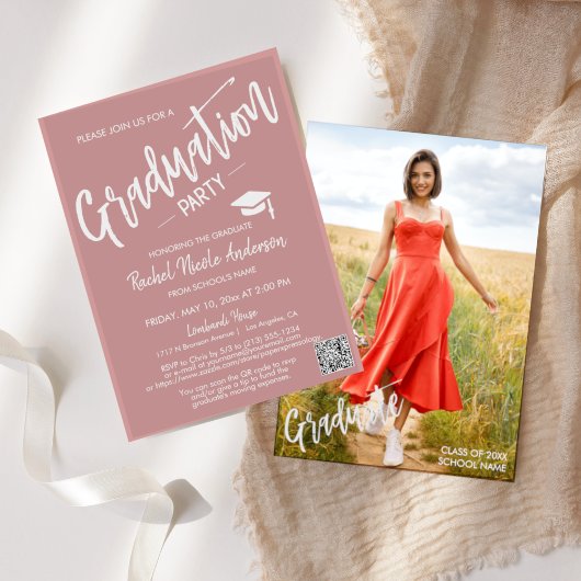 Dusty Pink Script QR Code Foto Graduparty Kaart