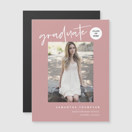 Dusty Pink Script School Afstuderen Foto Magnet (Voorkant / Achterkant)