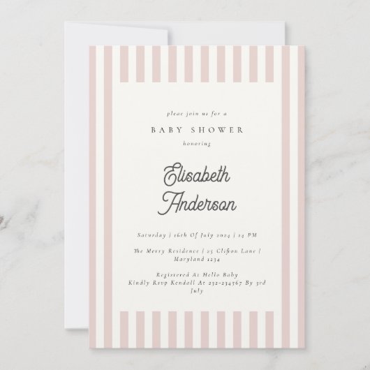 Dusty Pink Stripes Meisje Baby shower Invitation Kaart (Voorkant)