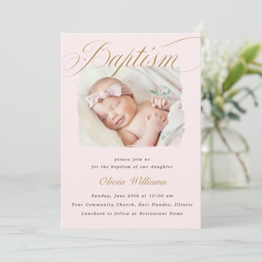 Dusty Pink Subtle Cross Script Typo Baptism Foto Kaart (Staand voorkant)