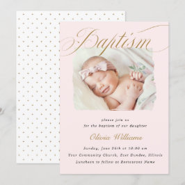 Dusty Pink Subtle Cross Script Typo Baptism Foto Kaart