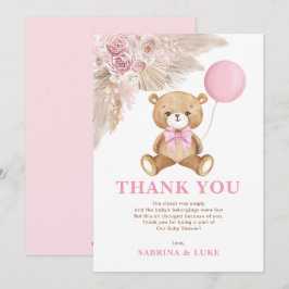 Dusty Pink Teddy Bear Balloon Meisje Baby shower Bedankkaart